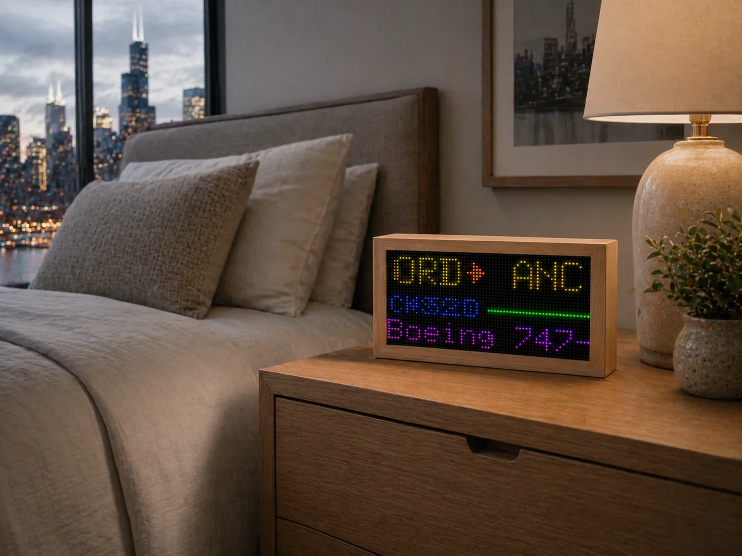 Maple Mach 2 on a bedside table, showing a flight passing overhead