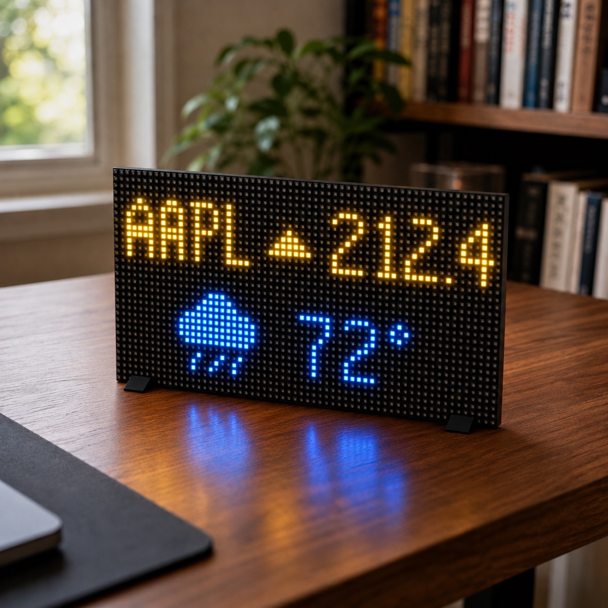 Open-source pixel display kit showing a ticker and weather app