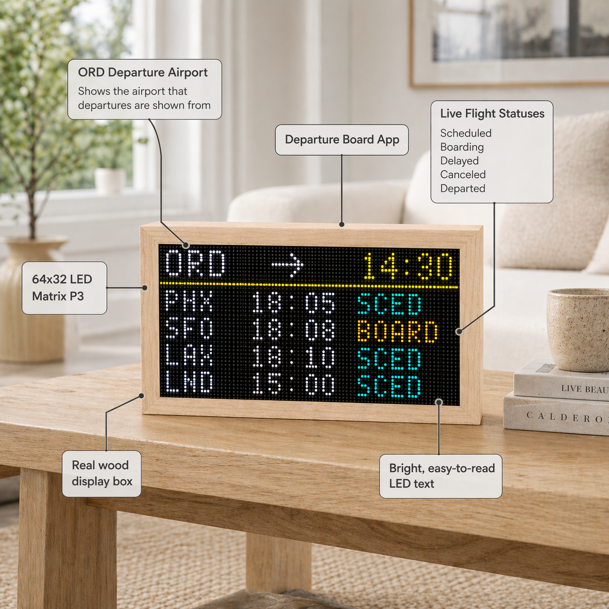 Flight Tracker Mach 2 departure board mode diagram showing ORD departure airport, live flight statuses including scheduled, boarding, delayed, canceled, and departed, real wood display box, and bright LED text