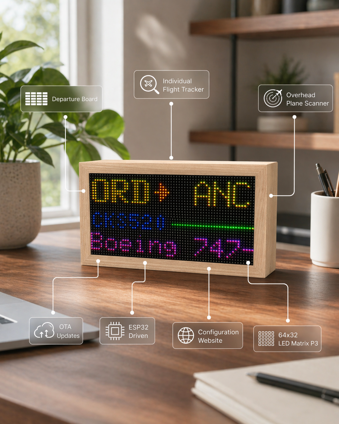 Flight Tracker Mach 2 features diagram — departure board, individual flight tracker, overhead plane scanner, OTA updates, ESP32 driven, configuration website, and 64x32 LED matrix P3