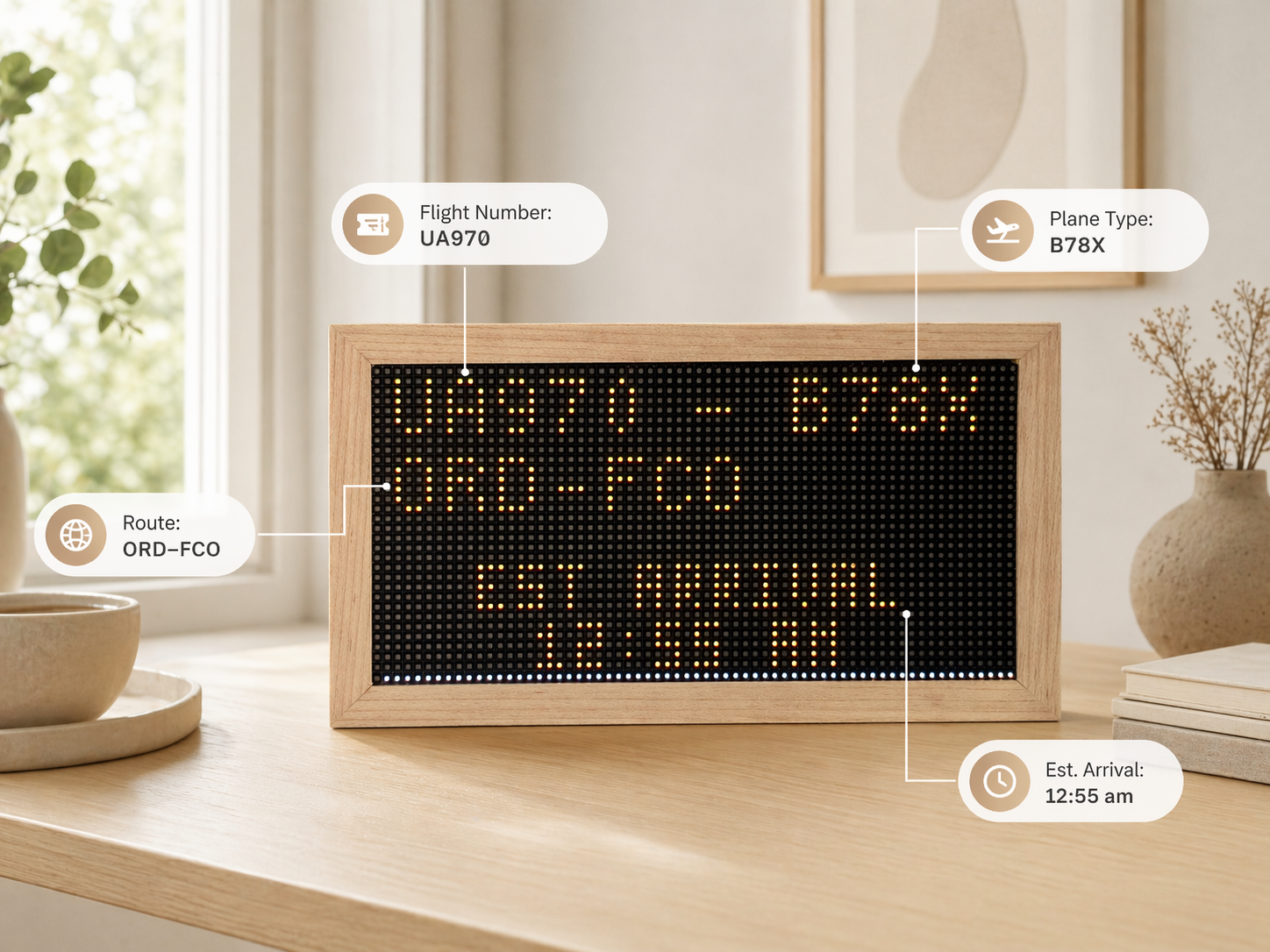 Flight Tracker Mach 2 individual flight tracking mode showing flight number UA970, plane type B78X, route ORD to FCO, and estimated arrival time 12:55 am